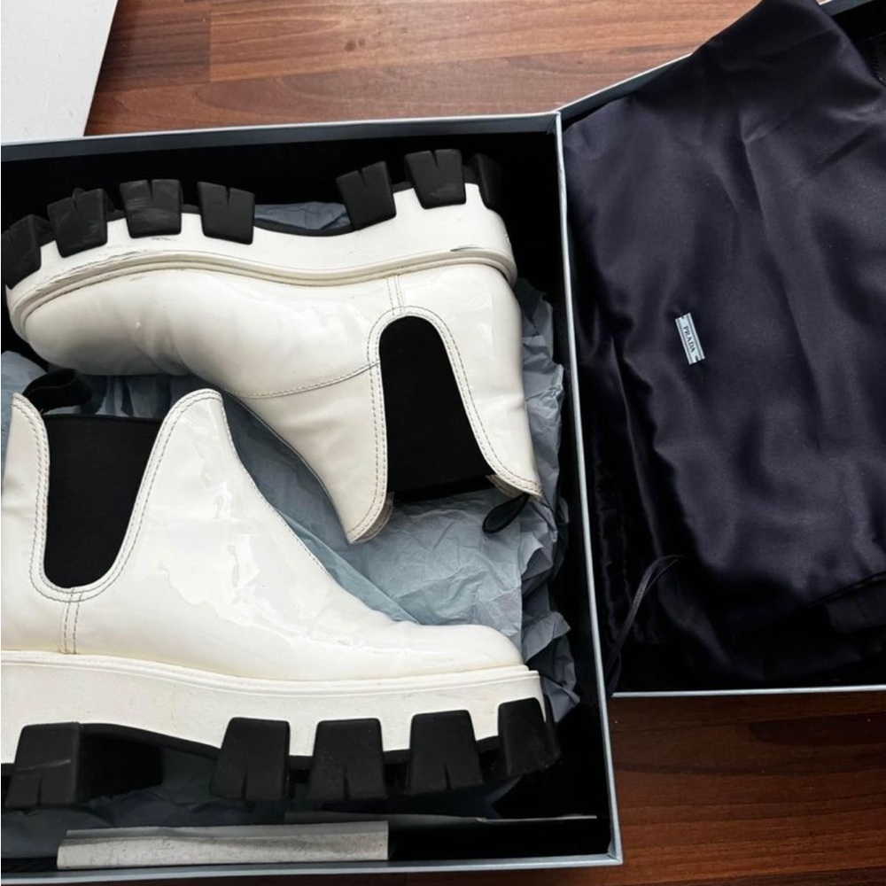 Prada Chelsea monolith black and white boots